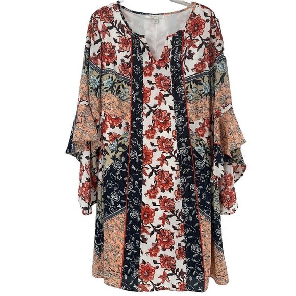 Cato Dress Size 14 16W Bohemian Multicolor Floral Dramatic Bell Sleeve V Neck - Picture 2 of 11